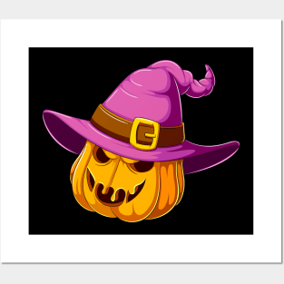 Halloween pumpkin with witch hat Posters and Art